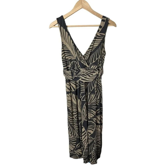 Boden Tropical Palm Leaf Print Jersey Midi Dress Size 8 Gray & Tan Stretch Woman - Picture 1 of 5